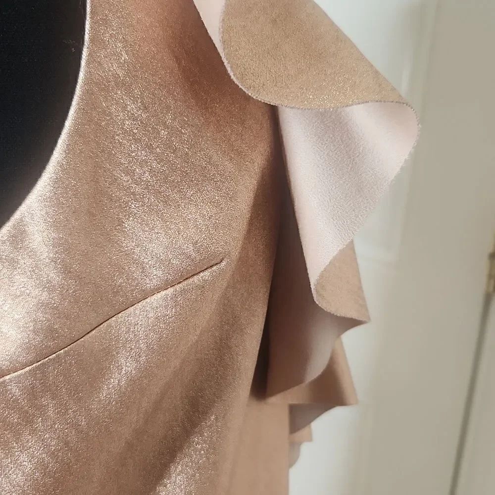 ZARA Metallic Rose Gold Faux Leather Deep V Ruffle Frill Mini PartyDress Small - Picture 5 of 10